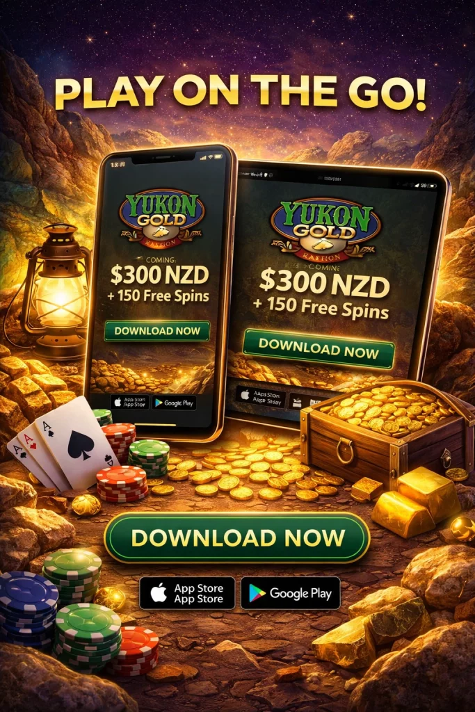 `alt="Yukon Gold Casino mobile app banner showing smartphone and tablet with the Yukon Gold Casino logo, $300 NZD bonus and 150 free spins, gold rush themed background, and download buttons for App Store and Google Play"`
