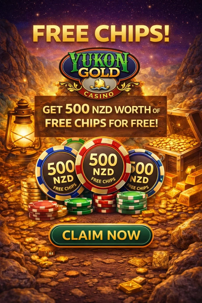 `alt="Yukon Gold Casino free chips banner showing a gold rush themed background, Yukon Gold Casino logo, 500 NZD worth of free chips, poker chips, gold coins, treasure chest, and a Claim Now button"`

