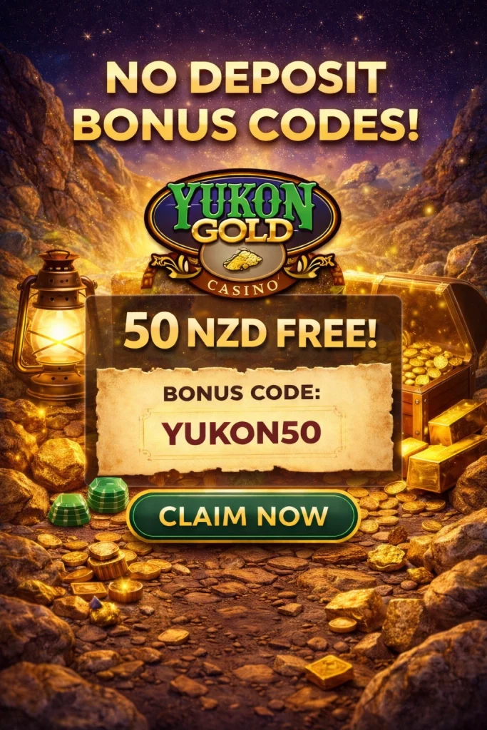 `alt="Yukon Gold Casino no deposit bonus banner showing a gold rush themed background, Yukon Gold Casino logo, 50 NZD free no deposit offer, bonus code YUKON50, and a Claim Now button"`
