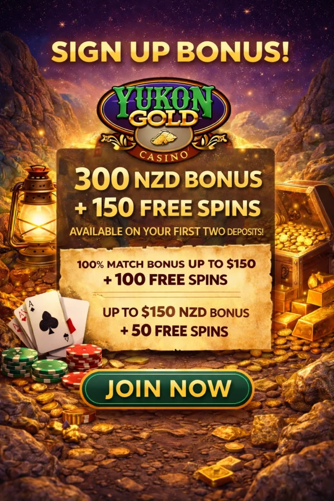 `alt="Yukon Gold Casino sign up bonus banner showing 300 NZD bonus and 150 free spins, gold rush themed background with treasure chest, gold coins, playing cards, and a Join Now button"`