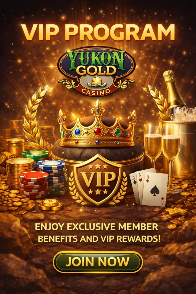 `alt="Yukon Gold Casino VIP Program banner featuring a gold crown, VIP shield, champagne glasses, poker chips, playing cards, and the Yukon Gold Casino logo on a luxurious gold-themed background"`
