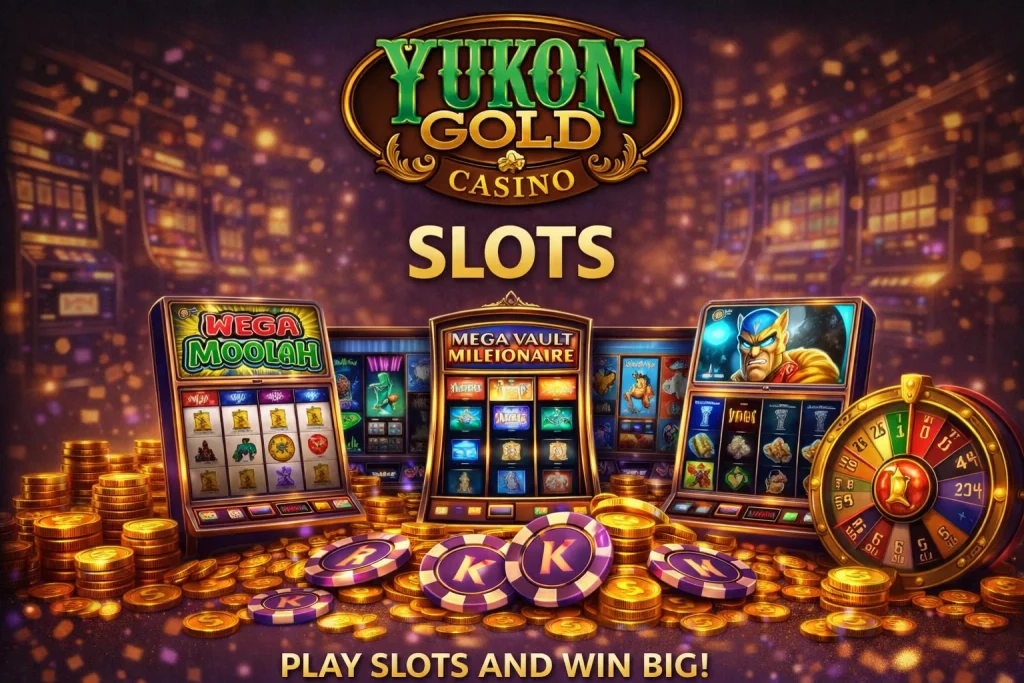`alt="Yukon Gold Casino slots banner featuring classic slot machines, gold coins, poker chips, and a roulette wheel, with the Yukon Gold Casino logo and a warm gold-themed casino atmosphere"`
